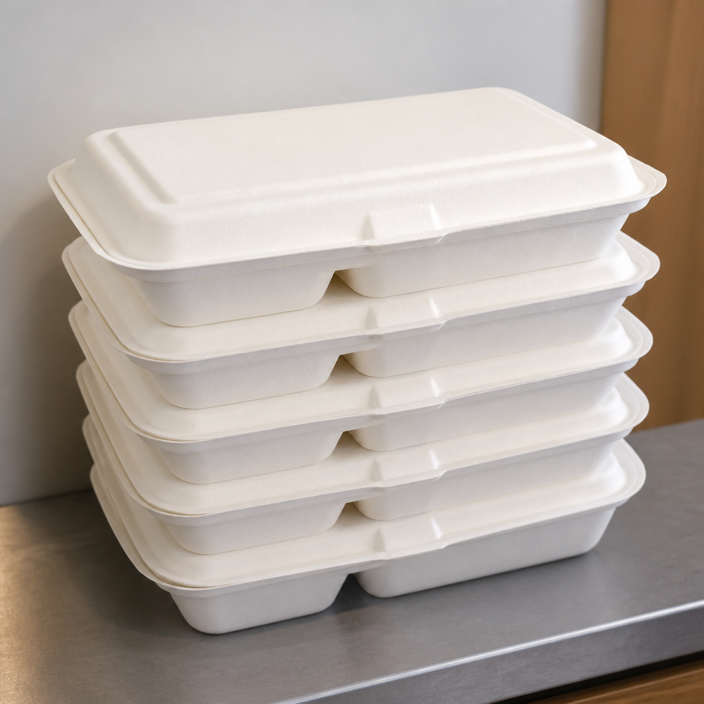 200 pack of compostable 2-compartment bagasse takeaway food containers