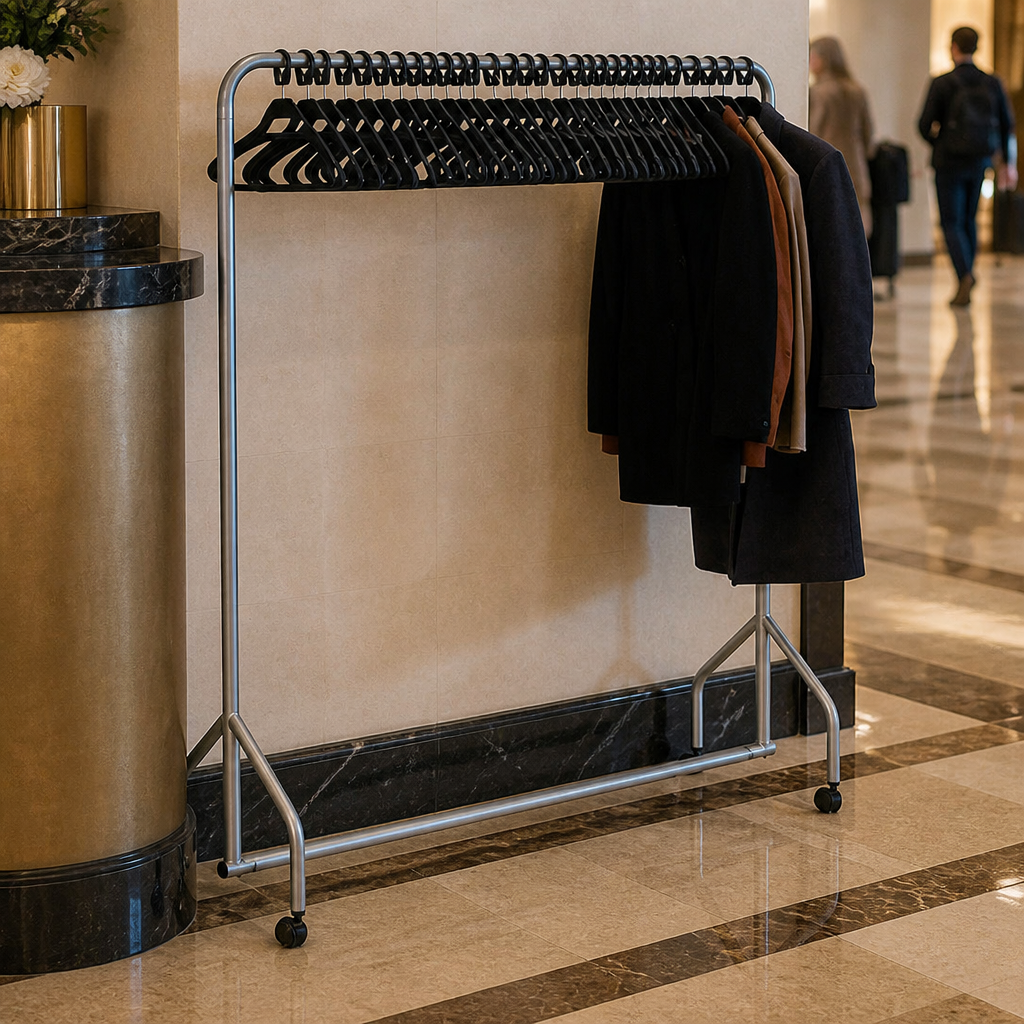 Commercial Metal Garment Rail with 30 Hangers and Castors