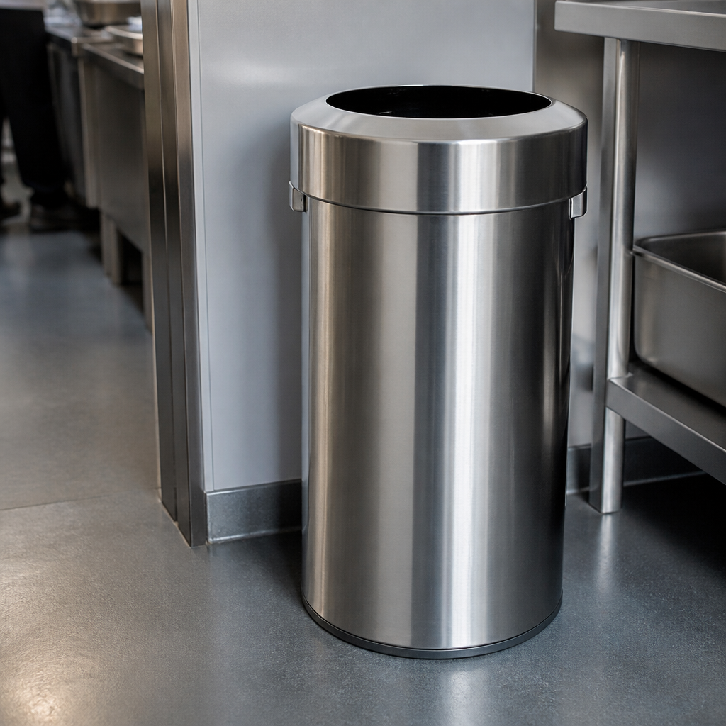 70L Commercial Open Top Waste Bin in Brushed Steel Finish
