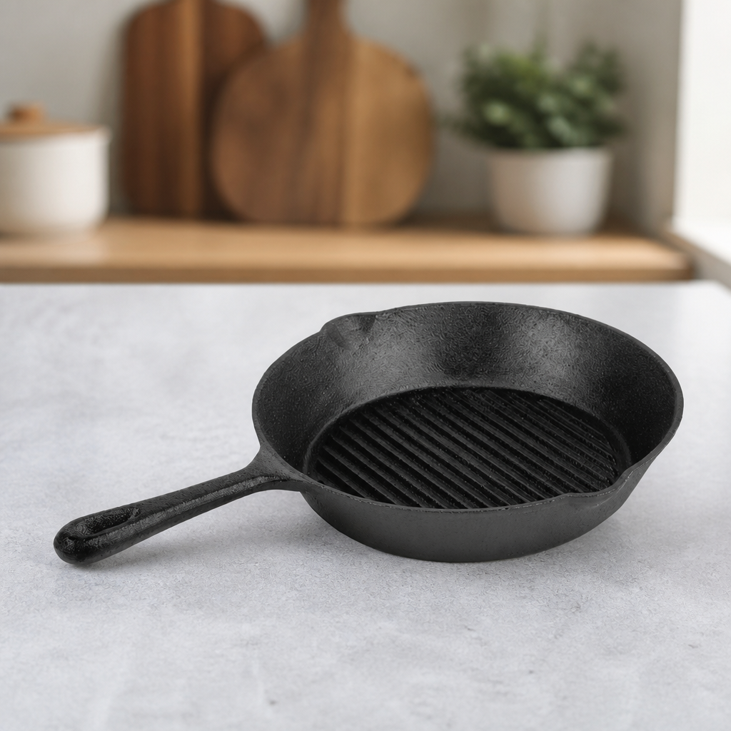 Commercial Cast Iron Ribbed Skillet Pan 26cm 1.74L