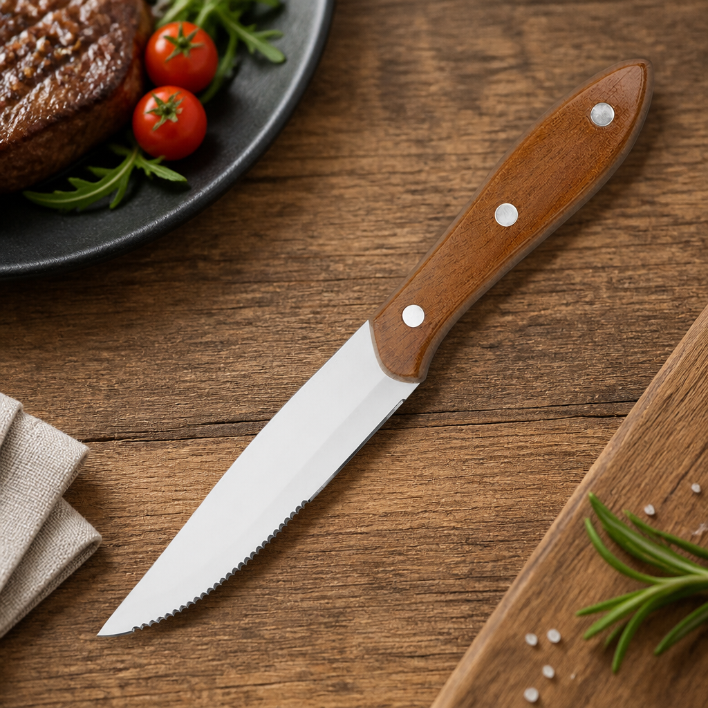Commercial Jumbo Steak Knives 12 Pack with Wood Effect Handles