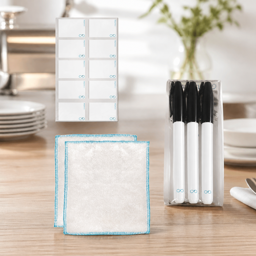 Reusable Blank Labels Pack with Cloths and Pens for Organizing
