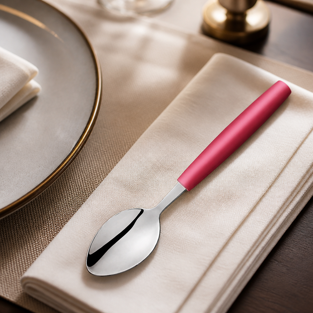 Commercial stainless steel tablespoons with red handles, 12 pack