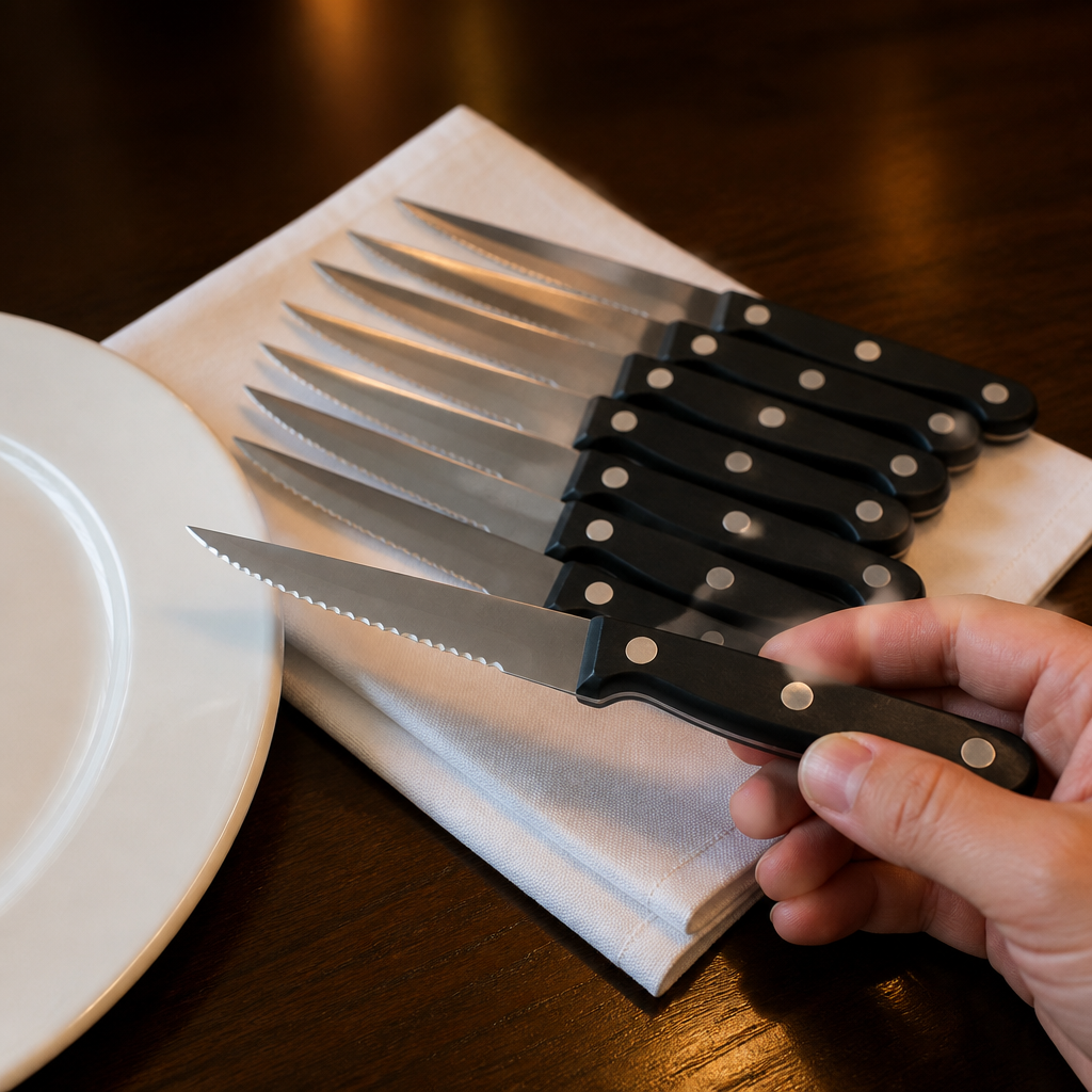 Commercial serrated steak knives with black handles - 12 pack