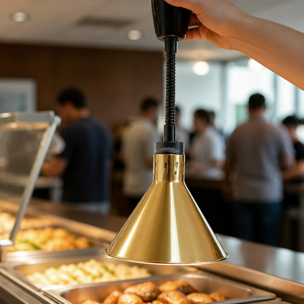 Commercial Heat Lamp with Conical Retractable Shade in Pale Gold Finish