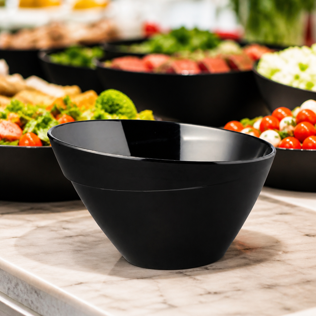 Commercial Melamine Bowl 210mm 1.5L in black, dishwasher safe.