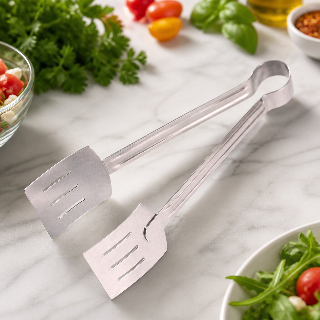 9" stainless steel serving tongs with ergonomic design
