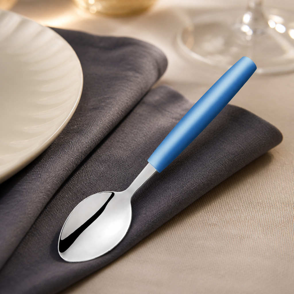 Commercial stainless steel tablespoons with blue handles, 12 pack.