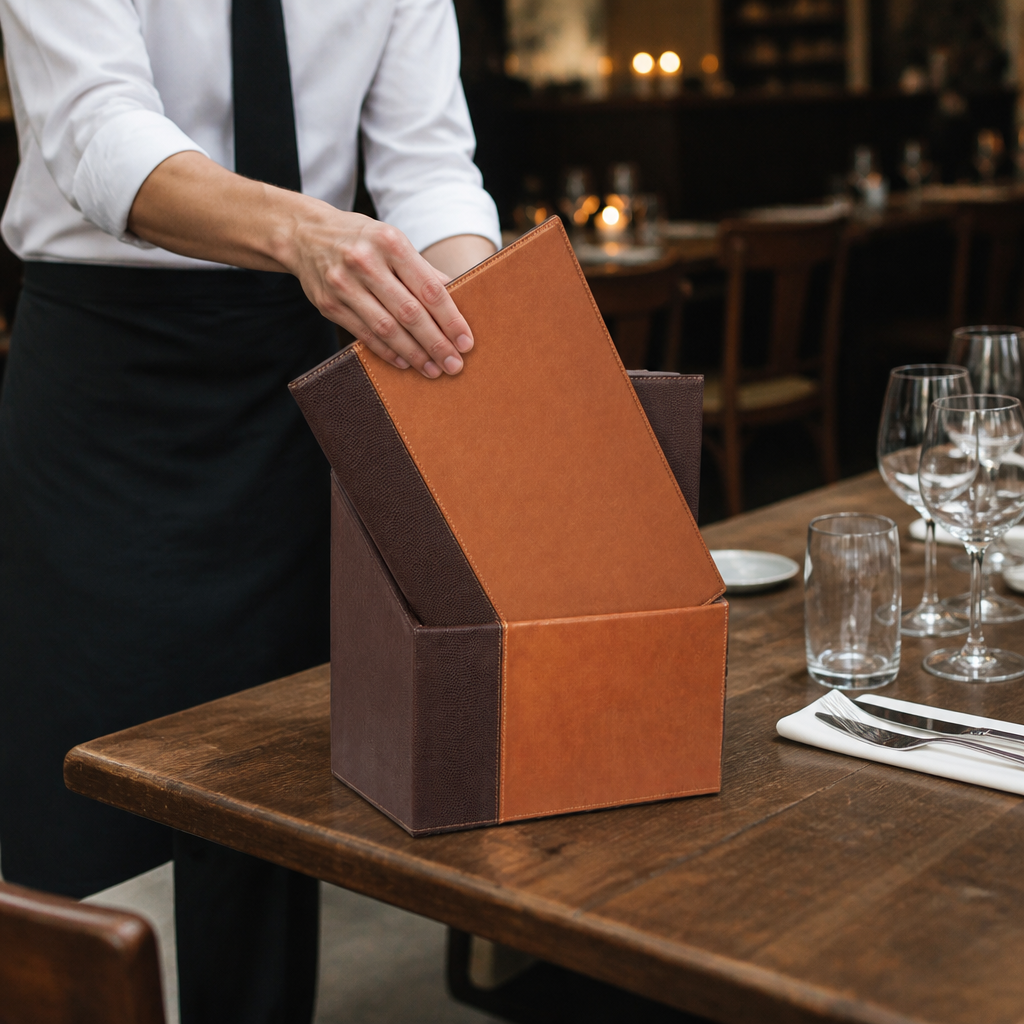 Tan Menu Covers with Storage Box - 20 Pack