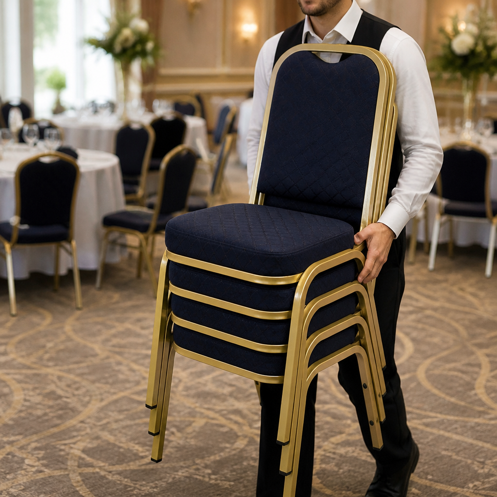 Commercial stackable banquet chairs blue and gold 4 pack
