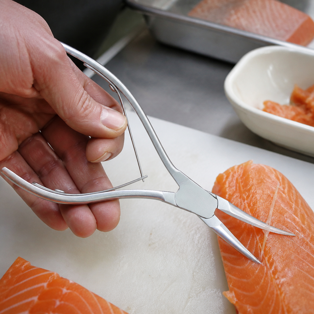 Commercial curved blade salmon tweezers with ribbed grip
