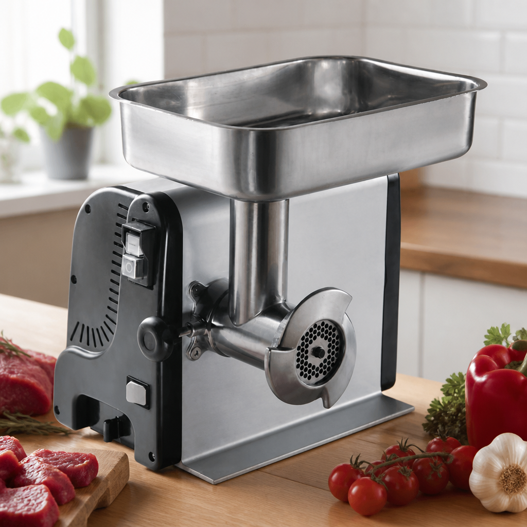 Commercial Meat Mincer with 8kg capacity and easy-clean aluminium body