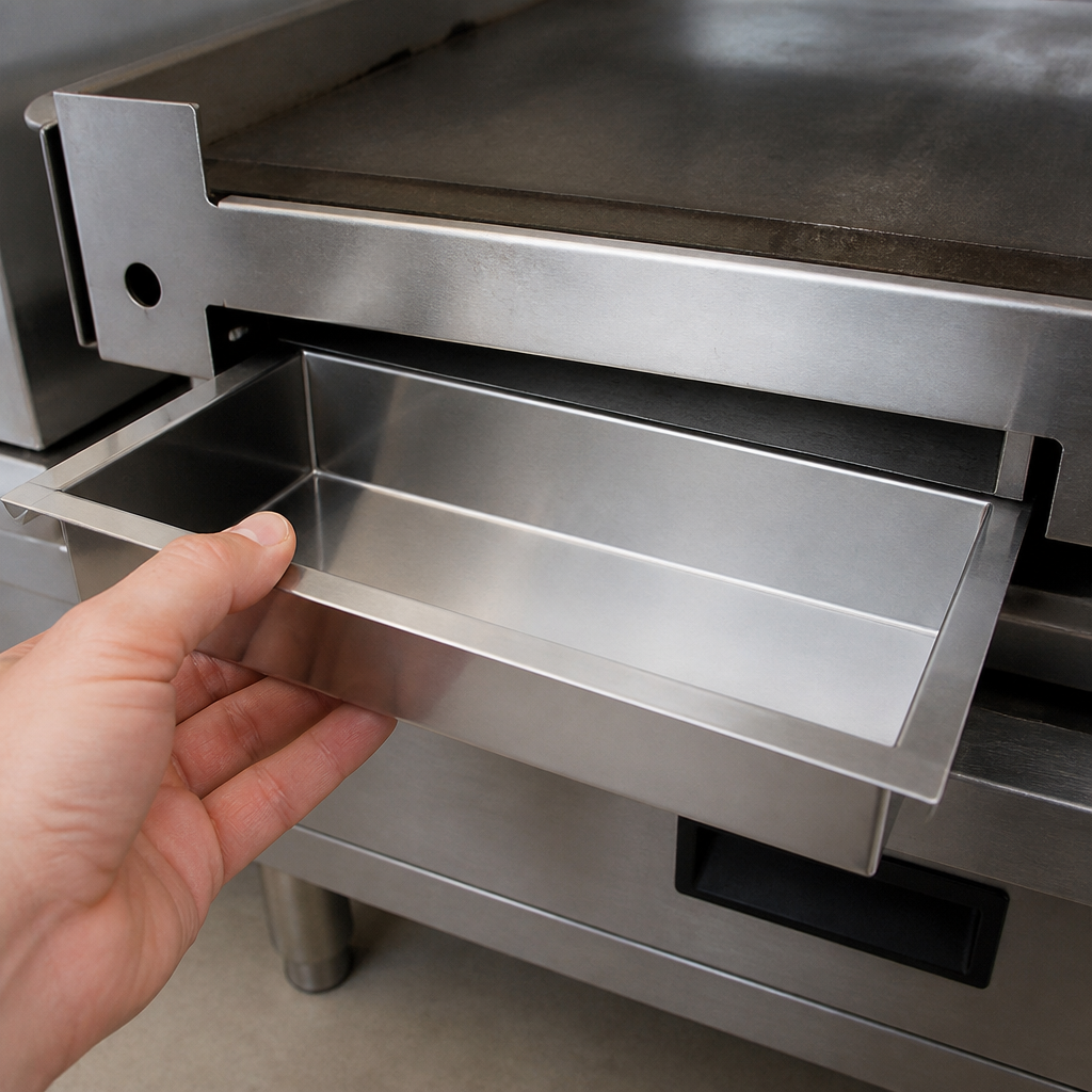 Commercial stainless steel crumb tray for gas griddles