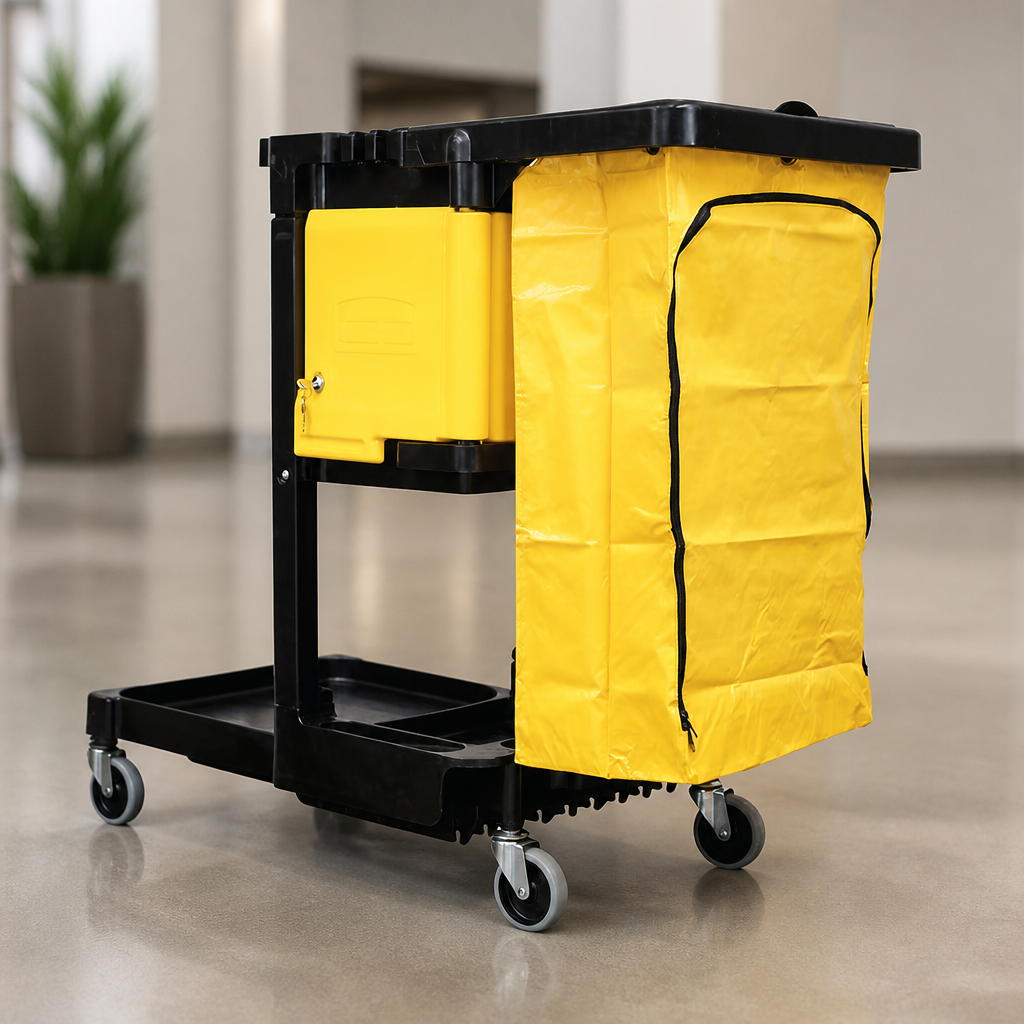 Commercial Janitorial Cleaning Cart with Yellow Bag and Hooks