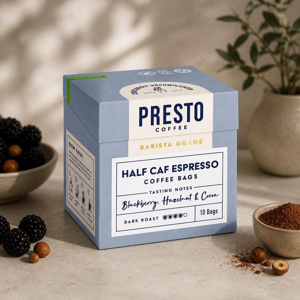 Commercial Half Caff Espresso Coffee Bags 8g 10 Pack