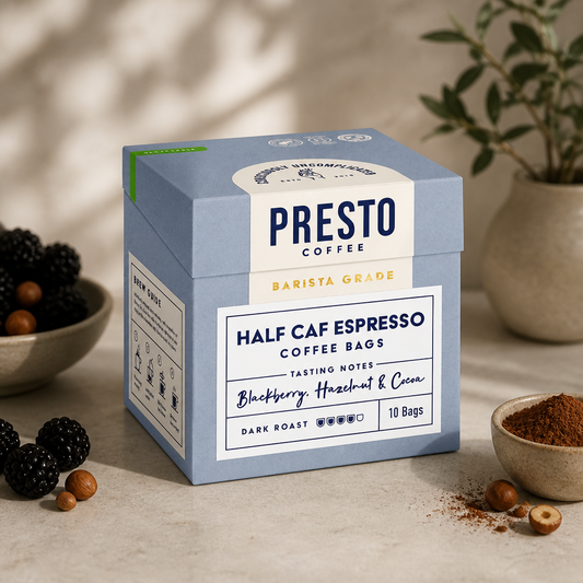 Commercial Half Caff Espresso Coffee Bags 8g 10 Pack