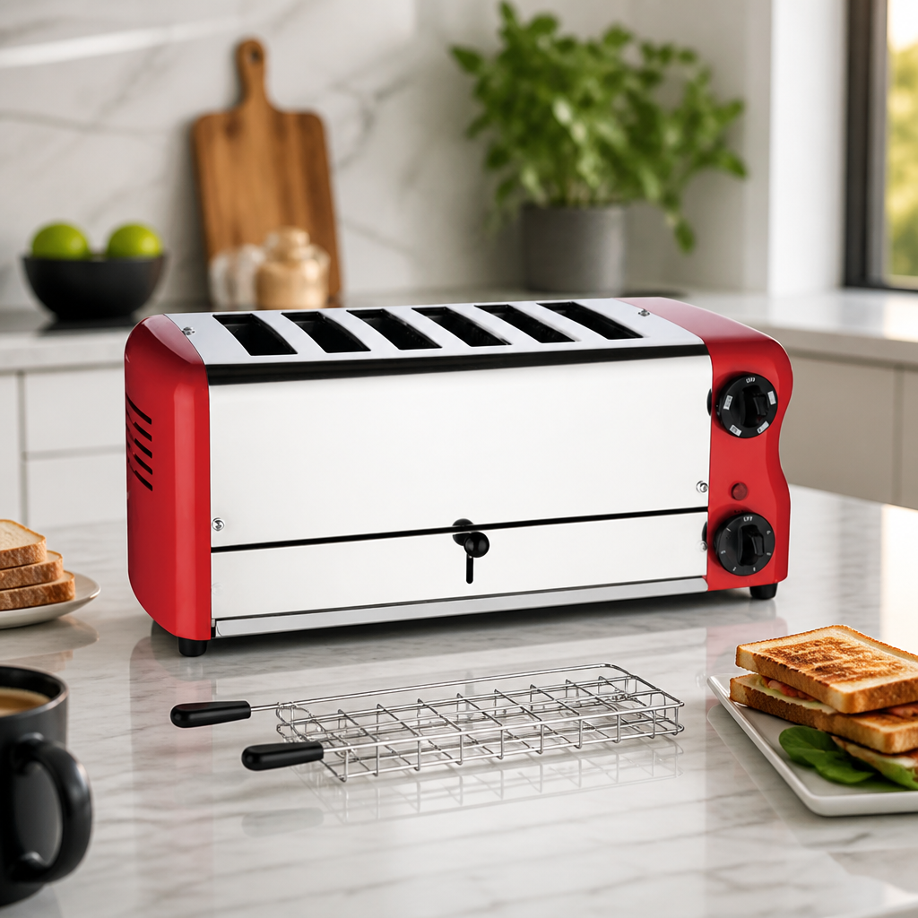 Commercial 6 Slot Toaster Electric Traffic Red Stainless Steel