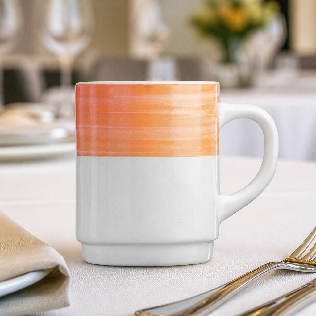 Pack of 36 durable 250ml commercial brush mugs in orange