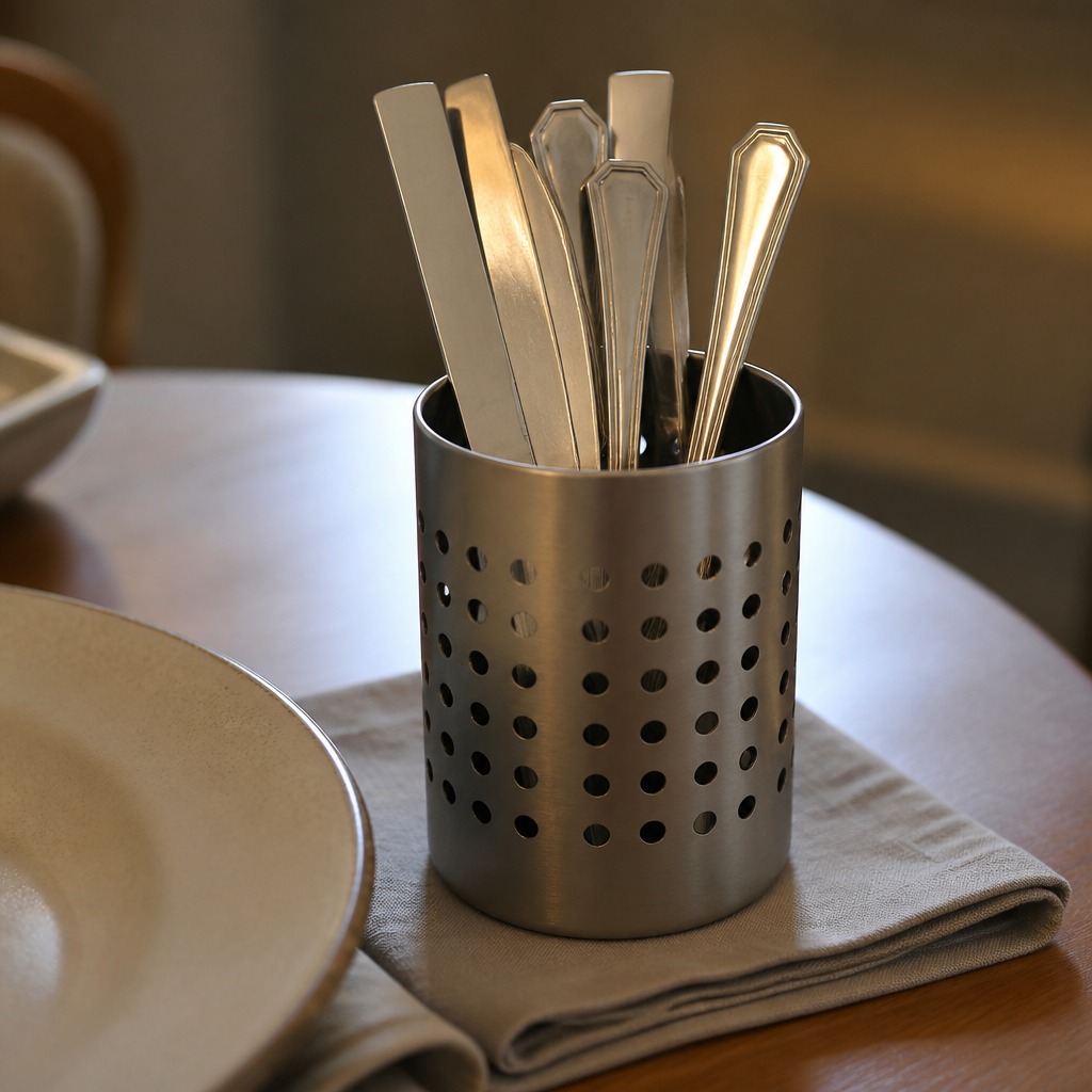 Commercial stainless steel utensil drainer for cutlery storage