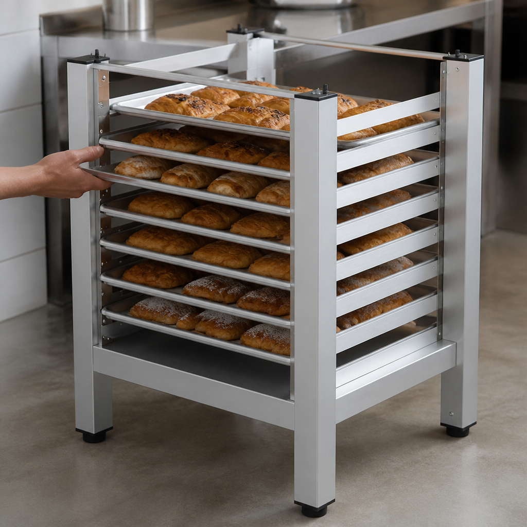 Commercial high stand for ovens with storage shelves
