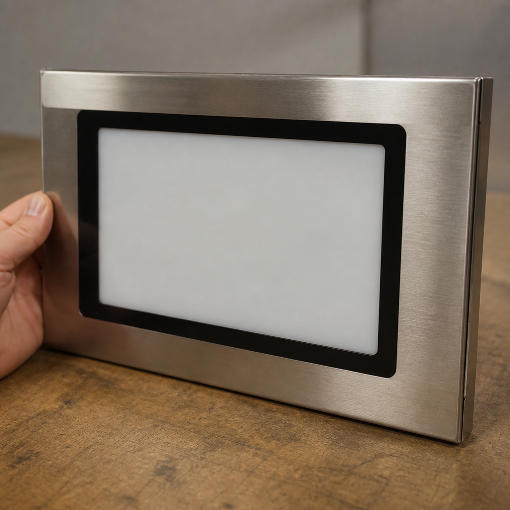Commercial convection oven door made of stainless steel, 115mm high.