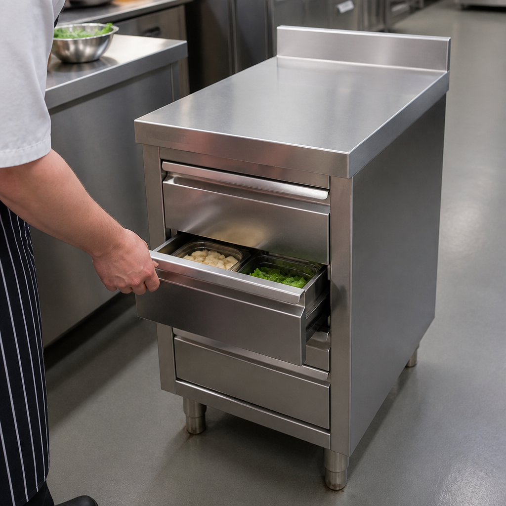 Commercial stainless steel workstation table with 4 drawers