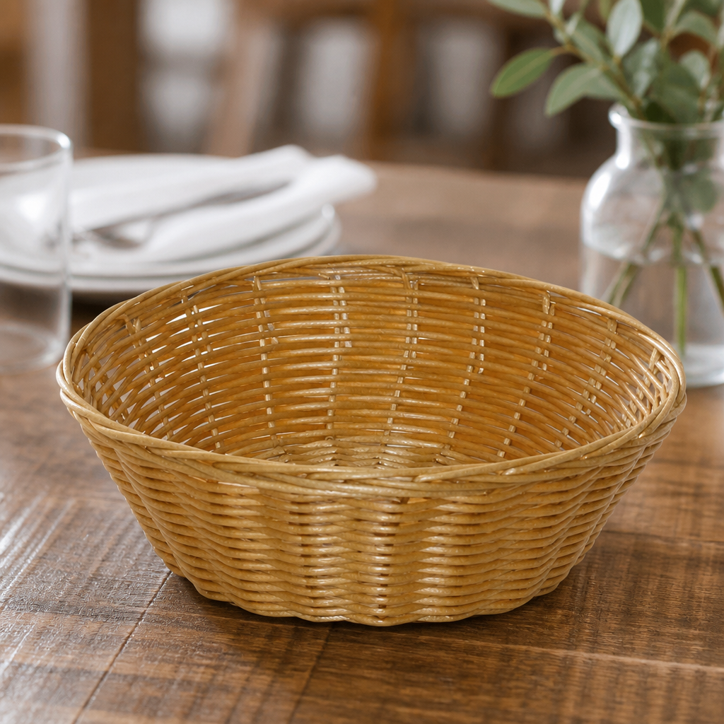 Commercial Poly Wicker Round Food Baskets for Serving 6 Pack