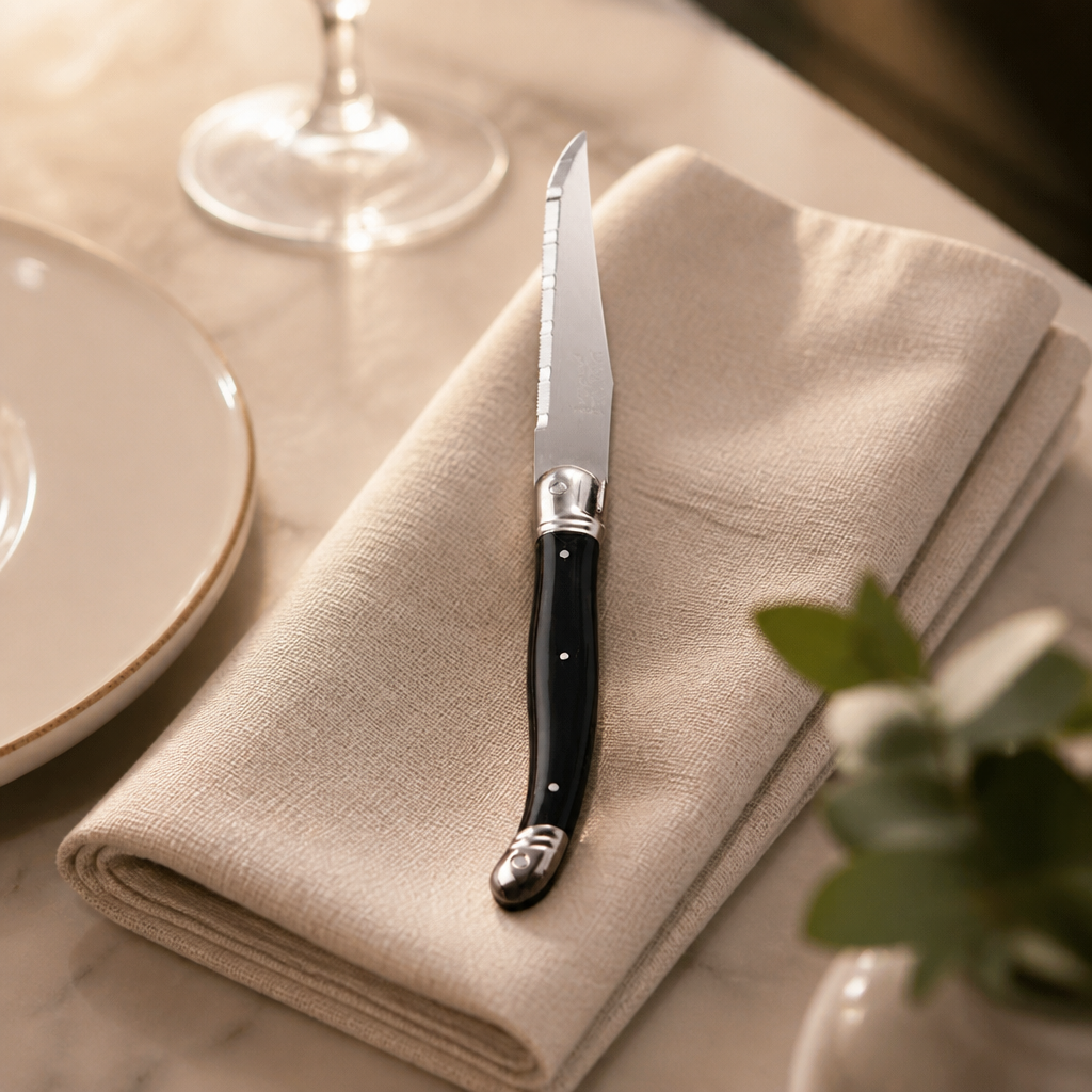 Set of 6 commercial serrated steak knives with black handles