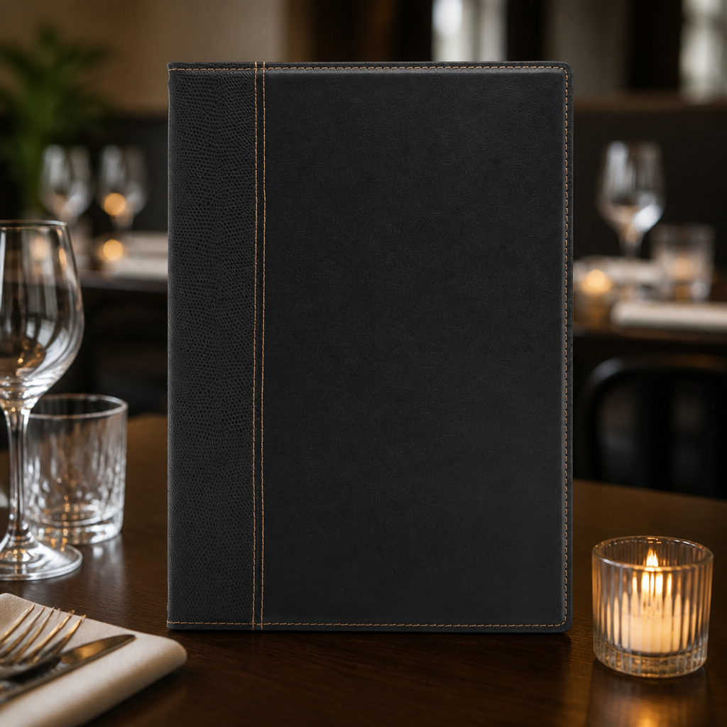 Commercial Menu Cover Black with Gloss Detailing and Stitching