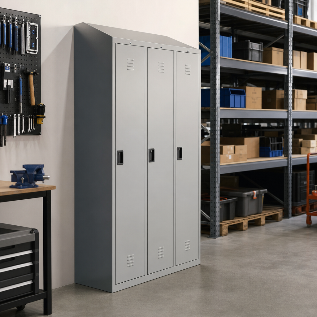 3 Door Metal Lockers with Sloping Top and Antibacterial Coating