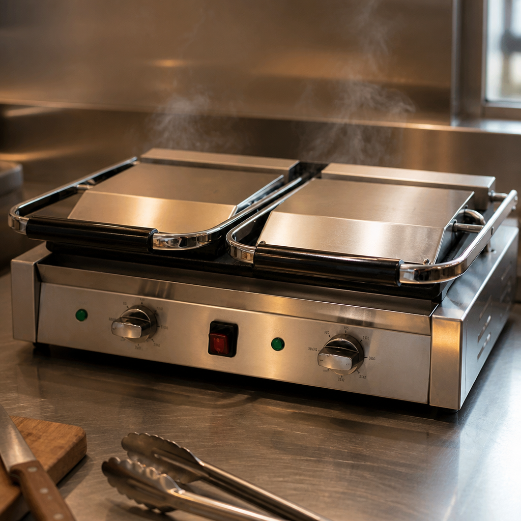 Commercial Double Ribbed Contact Grill with removable grease tray