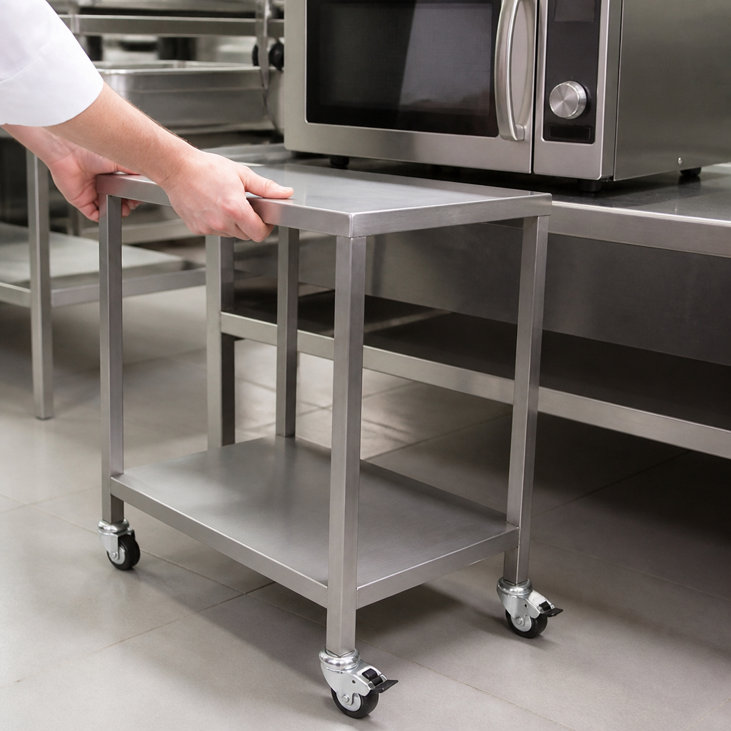 Moveable stacking stand for commercial microwave ovens