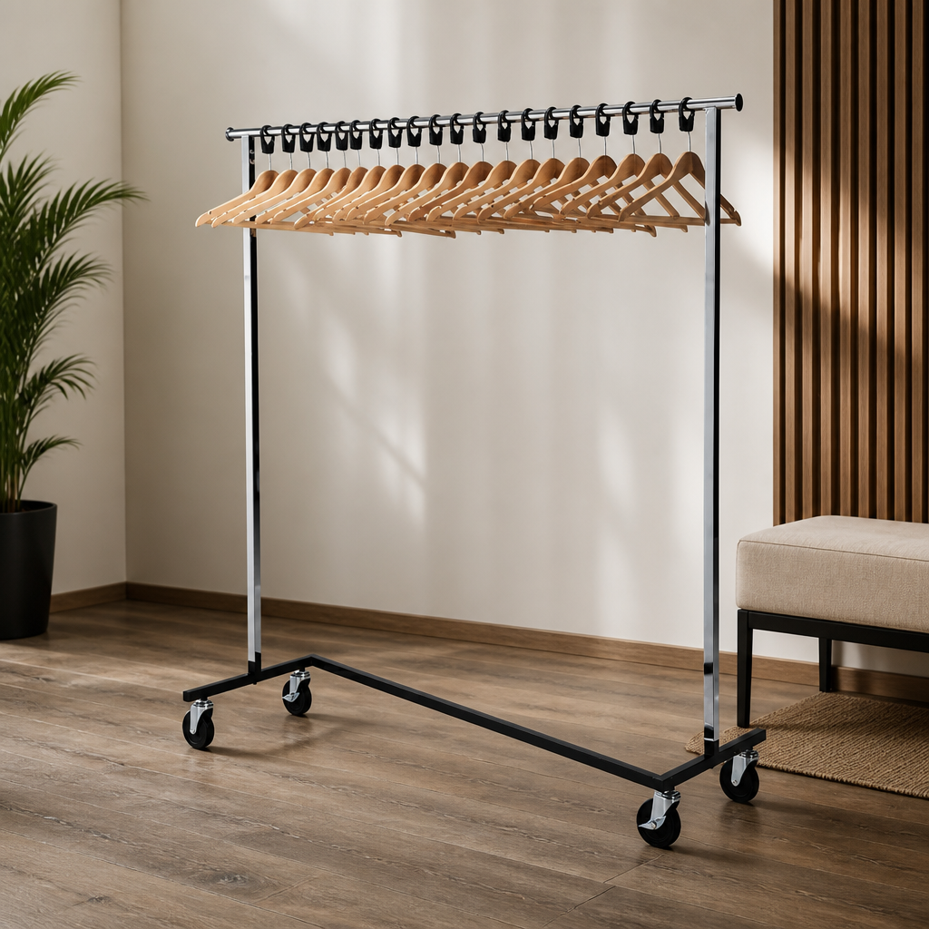 Commercial Garment Rail with 20 Wood Hangers and Wheels