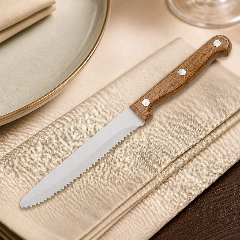 Set of 12 rounded steak knives with wood effect handles