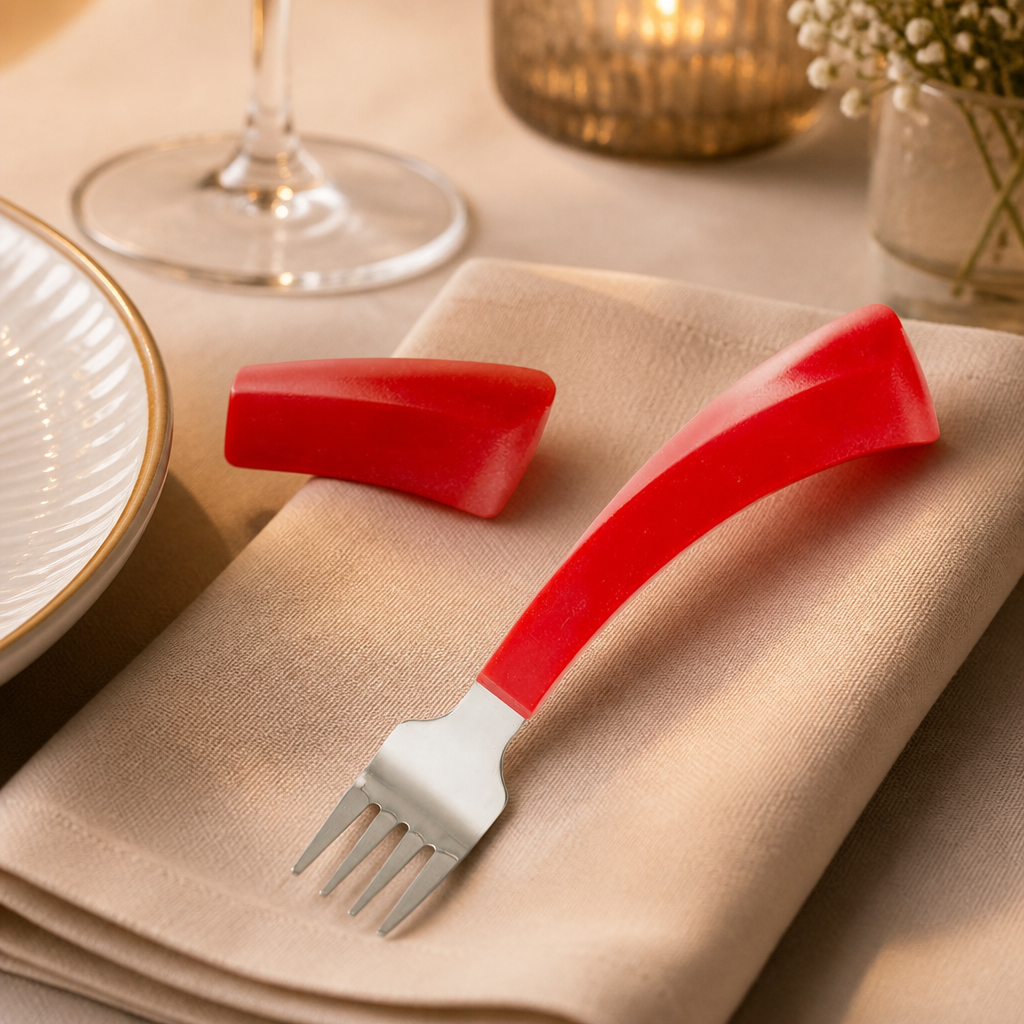 Commercial Right Hand Forks Red 12 Pack in stainless steel