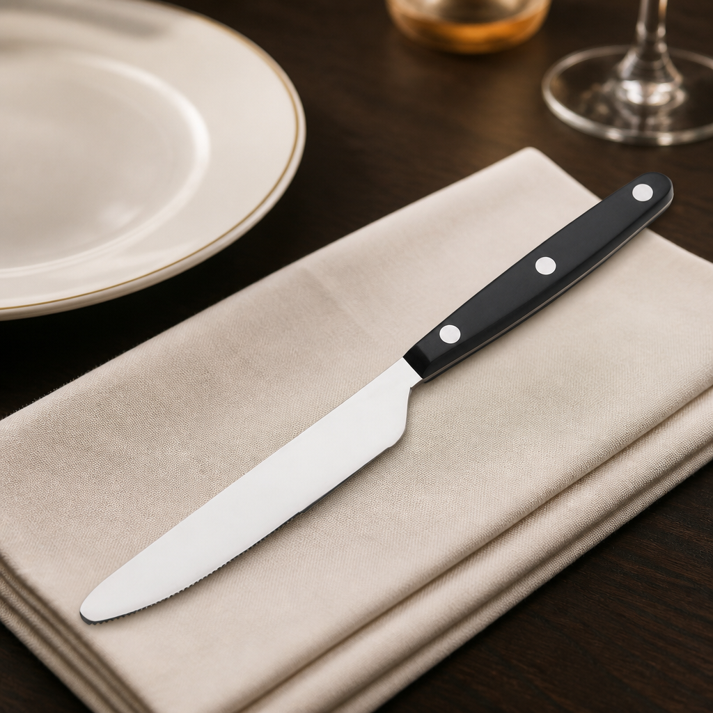 Set of 12 commercial taverna table knives with black handles