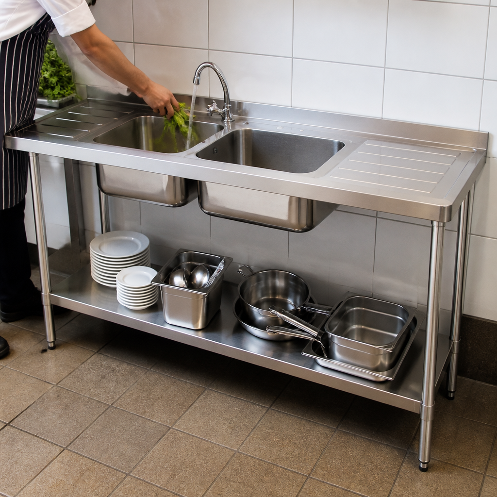 Commercial Double Sink with Double Drainer 2100mm Stainless Steel