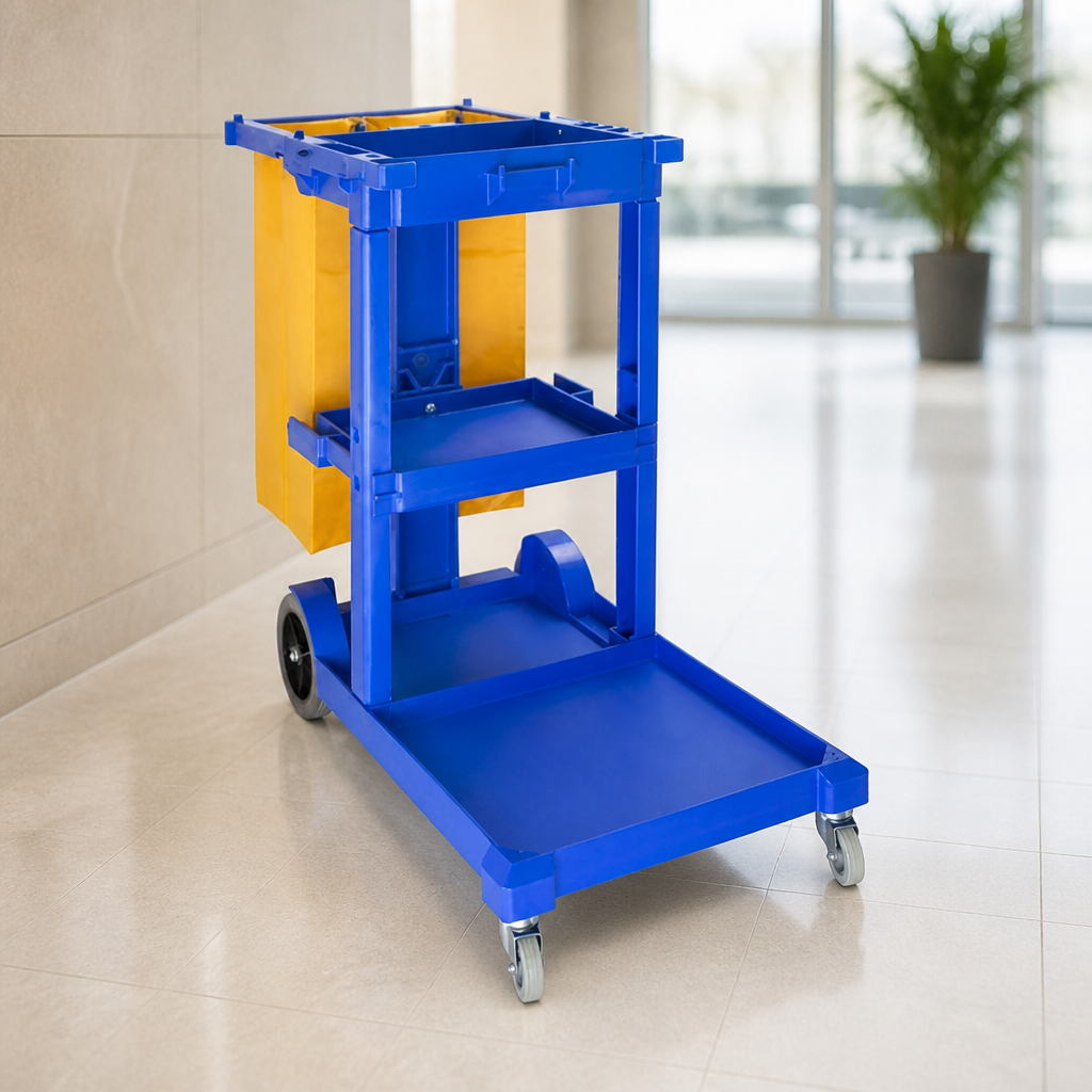 Blue commercial cleaning trolley with shelves and clips