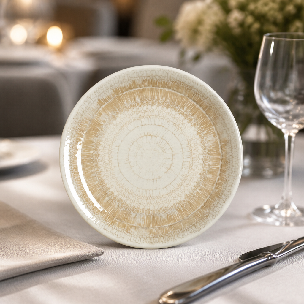 Set of 12 beige 202mm coupe plates for commercial use