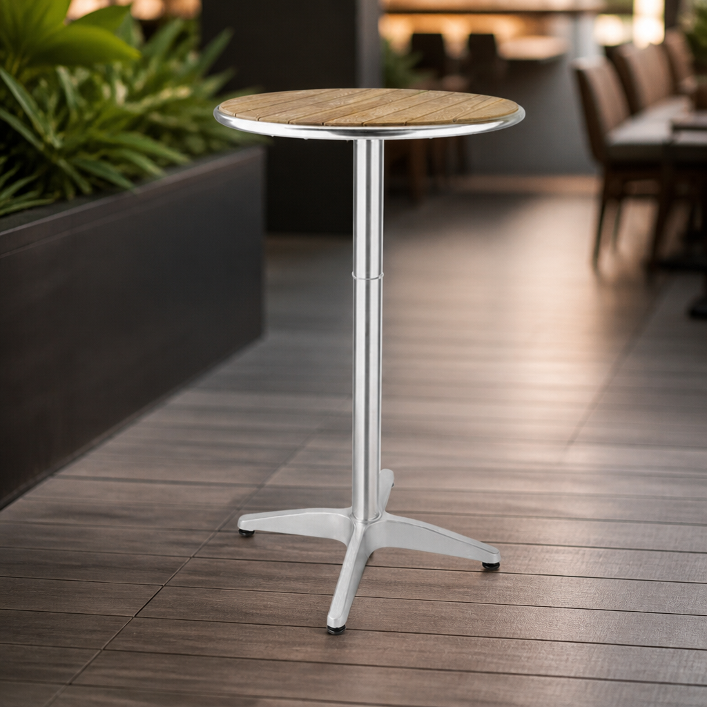 Commercial Round Poseur Height Table 1050mm Aluminium Ash Wood