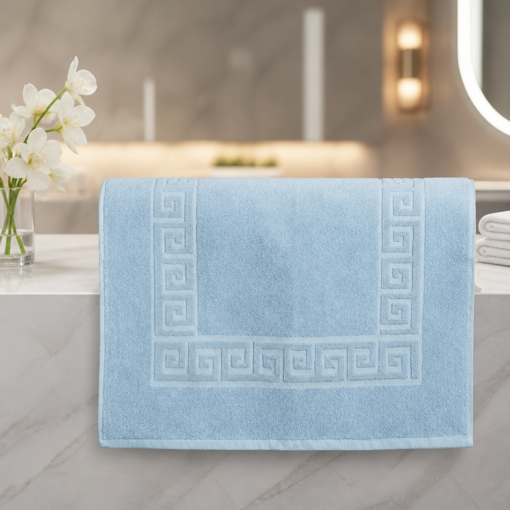 Non-Slip Blue Cotton Bath Mat with Grecian Key Design