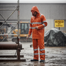 Premium High Visibility 2 Piece Rainsuit in Orange with PVC Coating, Reflective Bands, and Concealed Hood for Enhanced Safety