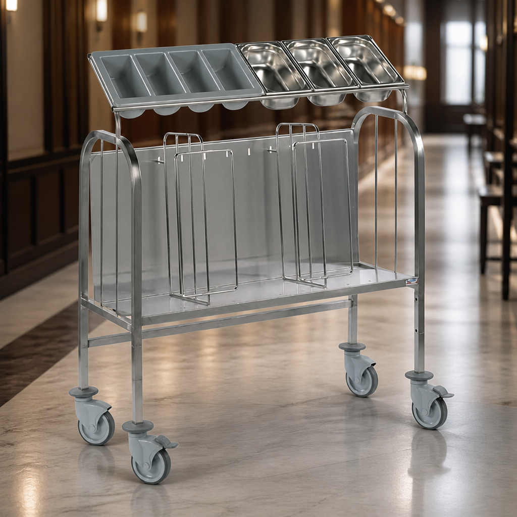 Commercial stainless steel cutlery and tray trolley with castors