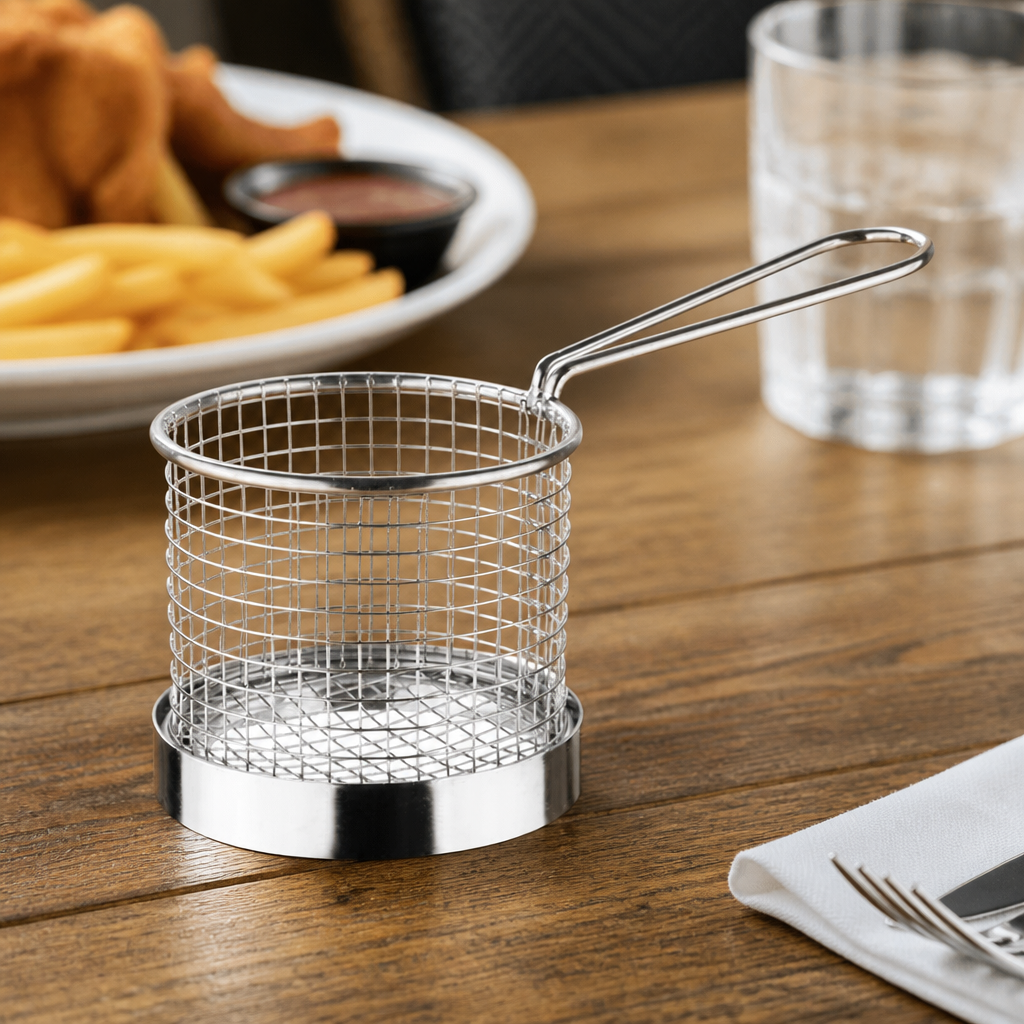95mm Round Commercial Chip Basket with Handle for Serving