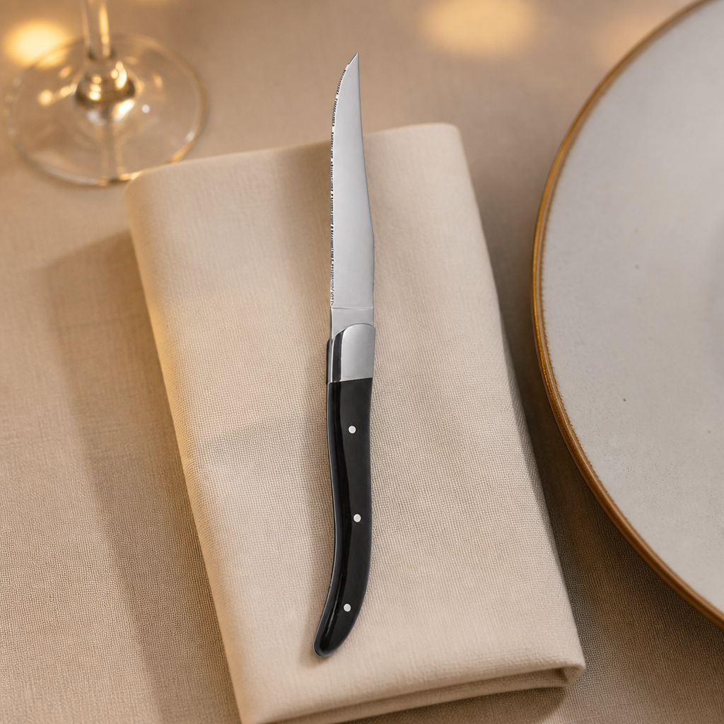 Set of 6 commercial steak knives with black acrylic handles