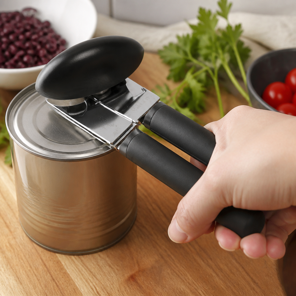 Commercial can opener with stainless steel blade and bottle opener