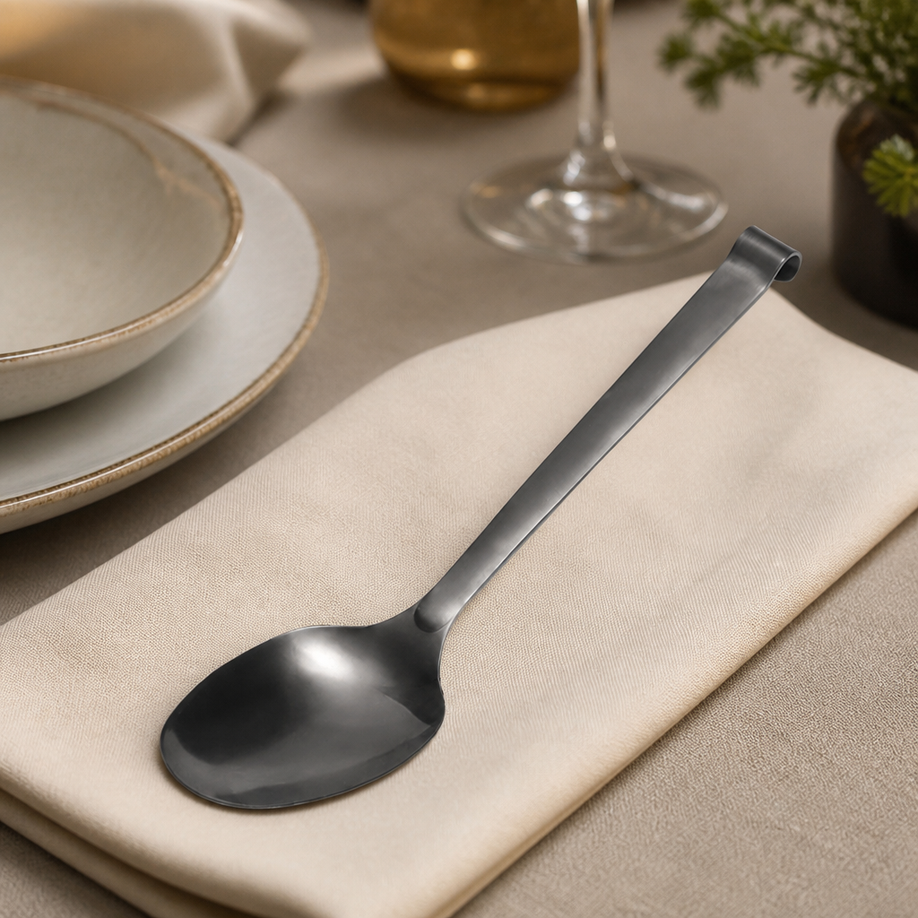 300mm black serving spoons in a 10 pack for catering
