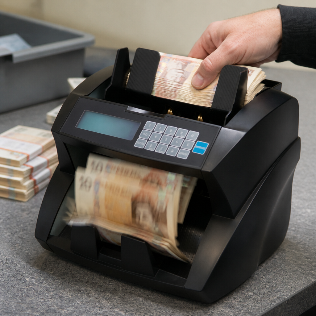 Commercial banknote counter with counterfeit detection capability