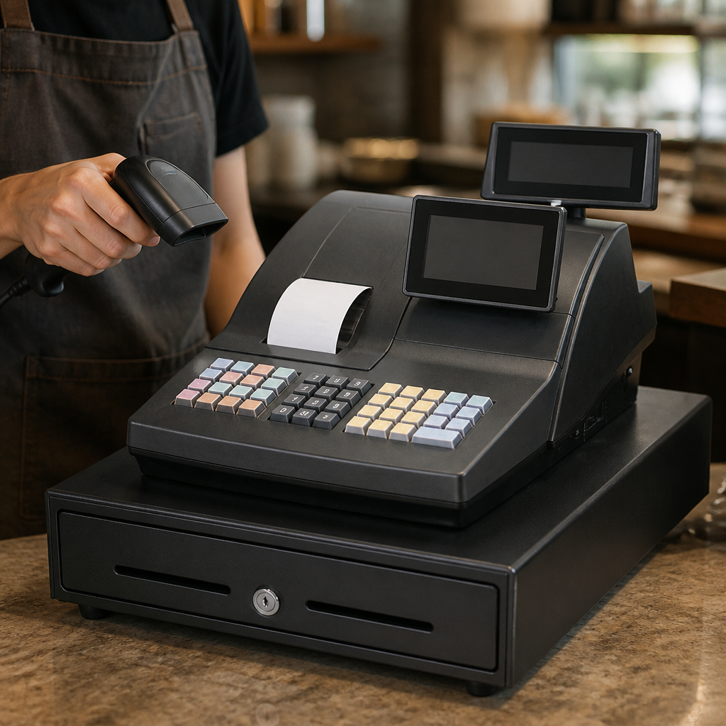 Commercial cash register 366mm high with barcode scanner compatibility