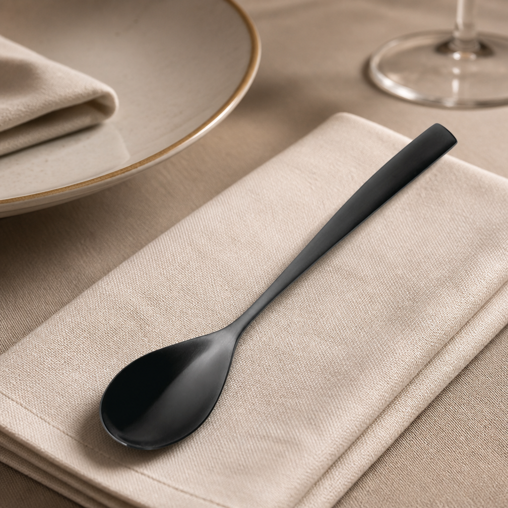 Commercial black dessert spoons 12 pack stainless steel cutlery